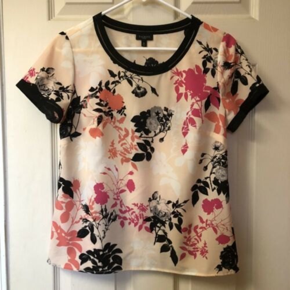 TALBOTS Petites Women's 6P Blouse  Short Sleeve Oriental Print Peach,Pink,Black